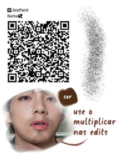 a close up of a person's face with a qr code above it