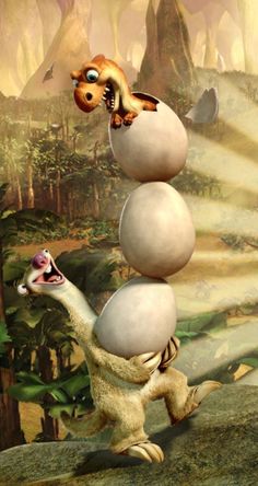 an image of a dinosaur balancing eggs on it's back in front of mountains