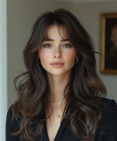 Dark Expensive Brunette, Haircut 2024 Long Hair, Brunette Hair Women, Highlights Auburn Hair, Long Hair For Round Face Shape, Dark Brown Hair With Layers, Bollywood Hair, Pretty Girlfriend, Face Framing Highlights