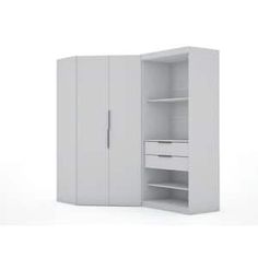 an open white cabinet with drawers and shelves