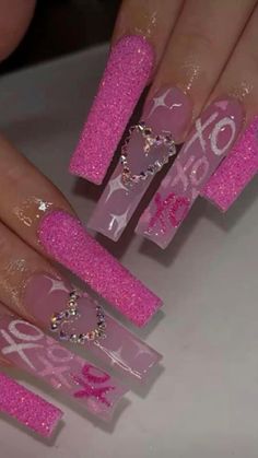 Sweet 16 Nails, Vday Nails, Long Acrylic Nail Designs, Nail Designs Valentines, Colored Acrylic Nails, Bling Acrylic Nails