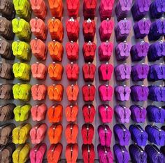 many pairs of colorful flip flops are arranged in rows on the wall, with multiple colors