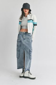 Specifications: Cargo Pockets Acid Wash Denim Midi/Long Fit Front Slit 100% Cotton Cargo Midi Skirt Outfit, Cargo Long Skirt, Denim Maxi Skirt Outfit, Cargo Skirt Outfit, Denim Tube Top, Denim Skirt Fashion, Edgy Streetwear, 2025 Fashion, Maxi Skirt Outfits