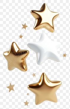 three gold and white stars on a transparent background