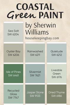 Coastal Green Paint Colors – Color Palette Coastal Green Paint, Exterior Farmhouse Colors, Liveable Green, Sw Sea Salt, Sea Salt Paint, Coastal Color Palettes, Coastal Green, Beige Bedroom Decor