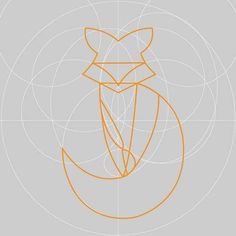 an orange line drawing of a fox on top of a gray background with circles around it