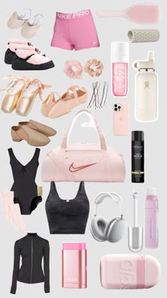 the contents of a woman's pink sports bra top, shoes, and other items