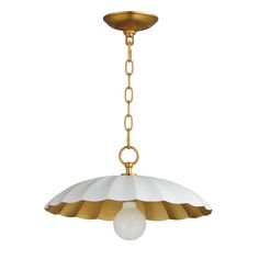 a white and gold light hanging from a ceiling fixture