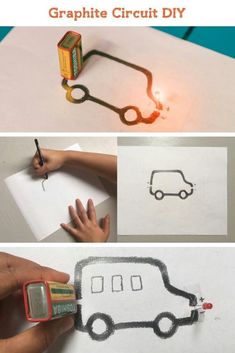 three pictures showing how to draw a car with crayons and glue on paper