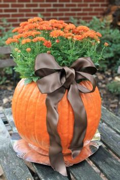 a pumpkin with a bow on it sitting on a bench in front of some flowers