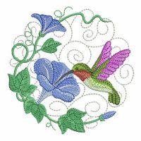 a hummingbird is flying through the air with purple flowers and green leaves around it