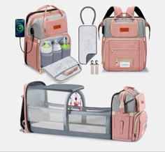 baby diaper bag with multiple compartments and accessories in pink, grey and white colors