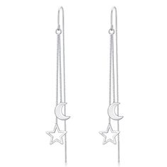 PRICES MAY VARY. Material: The star dangle earrings made of 925 solid sterling silver, nickel-free, lead-free, cadmium-free and hypoallergenic,comfortable for sensitive ears. Special: Creative star and moon threader earrings with tassel chain designed, it is delicate, elegant and romance,makes you eye-catching whether you are in a business meeting, at dating, dinner party or out with friends. Specifications: This star threader earrings just 2 G(pair),The chain earrings length:6.4CM (2.52"). Ear Cheap Everyday Earrings With Star Charm, Moon Earrings For Teen, Elegant Silver Earrings, Modest Luxury, Silver Long Earrings, Silver Chain Earrings, Moon And Star Earrings, Silver Moon, Business Meeting