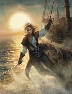 a man in pirate costume holding a rope on the deck of a ship at sunset