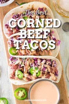 three corned beef tacos with creamy sauce and jalapenos on the side