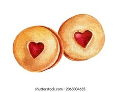 two heart shaped pastries on white paper with watercolor paint and brush strokers