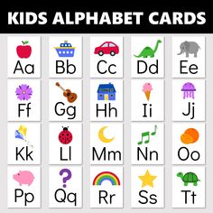 an alphabet poster with pictures of different animals, letters and numbers on it's sides