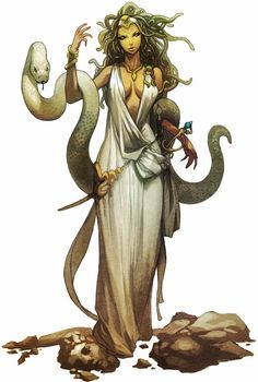 an image of a woman holding a snake in her hand and wearing a white dress