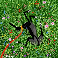 a painting of a dog jumping in the air to catch a frisbee