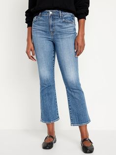 High-Waisted Vintage Crop Flare Jeans | Old Navy Retro Jeans With Belt Loops For Fall, Cropped Flare Jeans Outfit, Crop Flare Jeans, Vegas Outfit, Crop Flare, Straight Crop Jeans, Cropped Flare Jeans, Cropped Flares, Old Navy Jeans