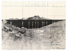 a black and white drawing of mountains with rocks in the foreground, and lines on the background