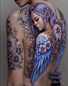 a woman with blue wings and flowers on her back is painted in pastel colors