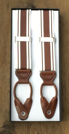 Claremont Stripe Suspenders Brown: Circa 1933 Collection Elegant Formal Belts And Suspenders With Adjustable Straps, Art Of Manliness, Marinette And Adrien, Classic Trousers, Fashion District, Vintage Ribbon, Chrome Hardware, Leather Books, Tie Accessories