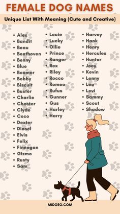 a woman walking her dog with the words female dog names