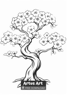 a tree with flowers on it and the words artus art free download in black and white