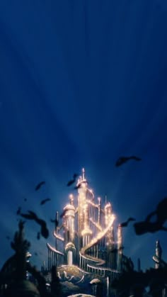 an image of a castle at night with birds flying around