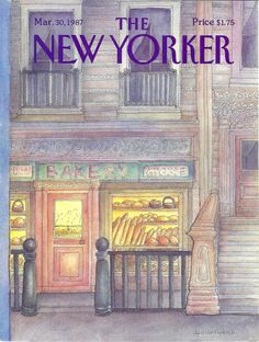 the new yorker magazine cover with an image of a store front and stairs leading up to it