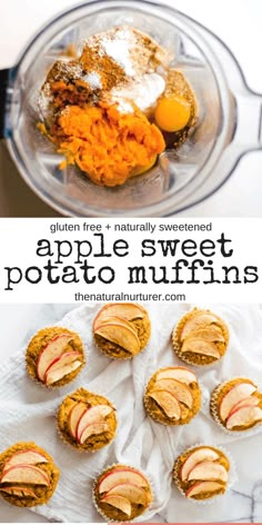 an apple and sweet potato muffins recipe in a blender with text overlay