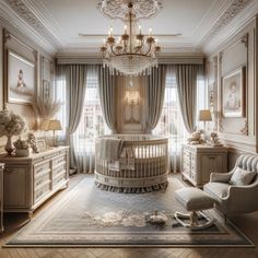 an elegant baby's room with chandelier and furniture