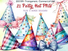 party hats with bows and stars on them are in front of a watercolor background