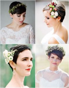 coiffure mariage cheveux courts Pixie cut avec couronne de fleurs Short Curly Hair Bride Styles, Easy Care Hairstyles, Bridal Party Hair, Wedding 2025, Short Wavy Hair, Fancy Hairstyles, Magical Wedding