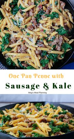 one pan penne with sausage and kale in a skillet