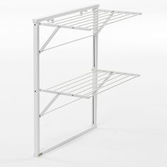 a white metal shelf with two shelves on each side and one hanging from the top