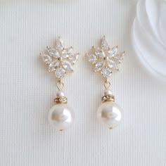 Bridal Earrings with Round Pearl Drops in Silver- Rosa - PoetryDesigns Elegant Wedding Clip-on Earrings With Cubic Zirconia, Wedding Drop Earrings, Bridal Drop Earrings, Pearl Drop Earrings Bridal, Rose Gold Bridal Earrings, Ear Tops, Bridesmaid Gifts Earrings, Bridal Earrings Drop, Pearl Earrings Wedding