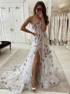 Strapless Purple Floral Long Prom Dresses with Slit, Purple Floral For – Shiny Party A Line Prom Dress, Prom Dress Evening, Tulle Sleeves, Sweetheart Prom Dress, Long Prom Dresses, Custom Size Dresses, A Line Prom Dresses, Long A, Vestidos Vintage