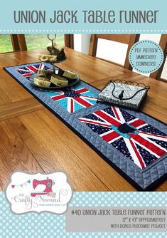 the union jack table runner is on display