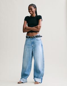 Loose-fitting baggy jeans with turn-up hems - Denim - Women | Bershka Big Baggy Jeans Outfit, Big Baggy Jeans, Baggy Jeans Outfit, Jeans Outfits, Jeans Jumpsuit, Jeans Outfit, Short Jumpsuit, Sweaters Knitwear, Baggy Jeans