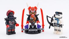 three legos are shown with different designs on their faces and body, one is wearing a helmet while the other has horns