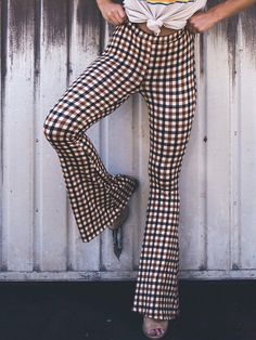 Flared Pants Plaid Pants Trousers BROWN-M Bell Pants Outfit, Red Rose Dress, Bell Pants, Grid Print, Bell Bottom Pants, Flare Trousers, Flared Pants, Plaid Fashion, Plaid Pants