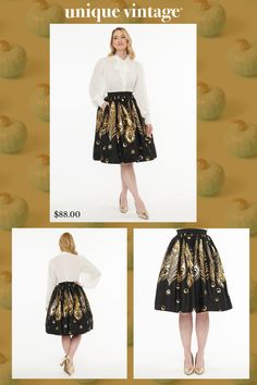 Don’t forget the charm, darling! From Unique Vintage, this gorgeous 1950s inspired skirt is crafted in an amazing black woven blend that dances with a gold foil feather print throughout. The banded high waist and gathered, voluminous A-line silhouette creates a delightful vintage style skirt, complete with side pockets and topped off with a darling back button - perfectly fit for a vintage scene!.Available in sizes XS-5X while supplies last. | Unique Vintage 1950S Black & Gold Foil Feather Gella Fall Party Ruffled Skirt, Vintage Ruffled Skirt For Party, Vintage Tiered Skirt For Party, Vintage Evening Pleated Skirt, Vintage Pleated Skirt For Evening, Elegant Cocktail Skirt For Fall, Elegant Fall Cocktail Skirt, Elegant Tiered Skirt For Fall, Elegant Tiered Fall Skirt