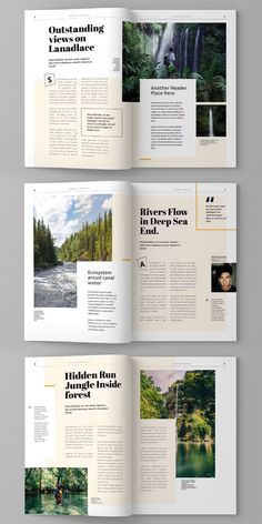 an open magazine is shown with three pages on the same page and two images in different colors