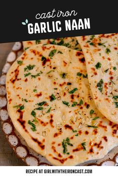 garlic naan on a plate with text overlay