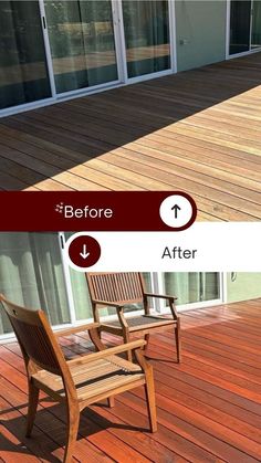 before and after photos of a deck that has been refinished to look like wood