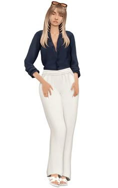 a woman in white pants and blue shirt with her hands on her hips, posing for the