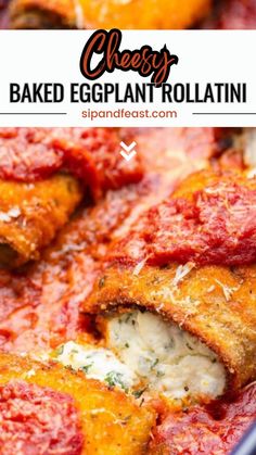 baked eggplant rollatin in a casserole dish with text overlay