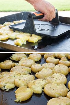 there is a pan with some food being cooked on the grill and then fried in oil